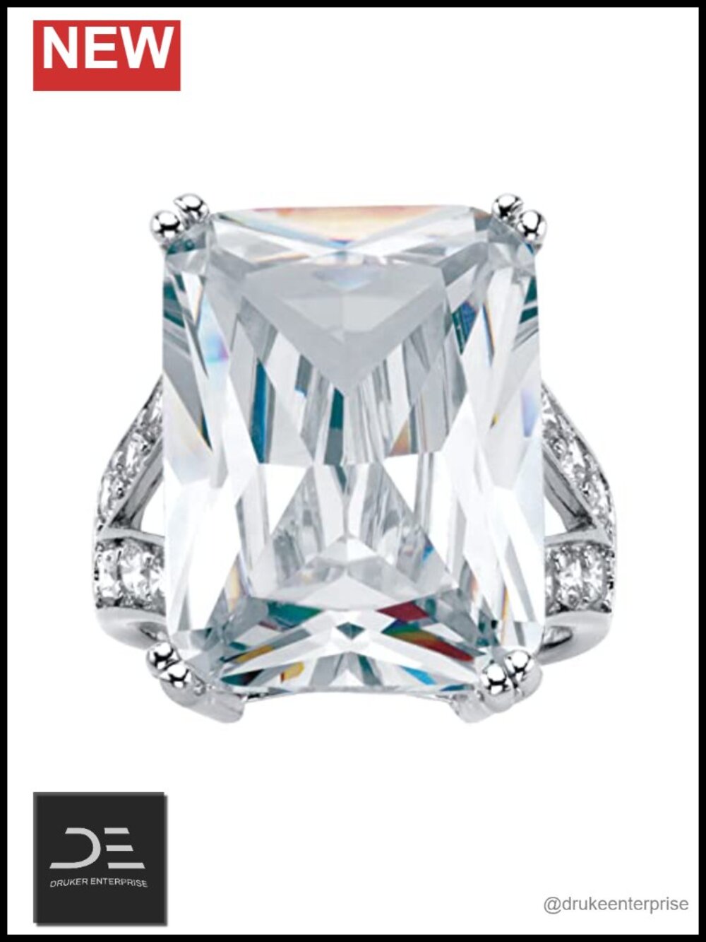 Platinum-Plated Emerald Cut CZ Engagement Ring Split Shank Sizes 6-10